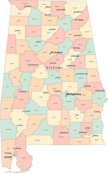 Multi Color Alabama Map With Counties, Capitals, And Major Cities