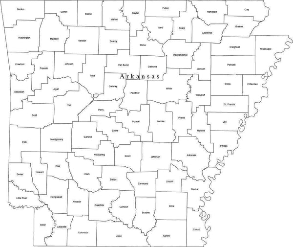 Black & White Arkansas Digital Map With Counties