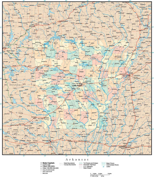 Arkansas Adobe Illustrator Map With Counties Cities County Seats Major Roads 4099