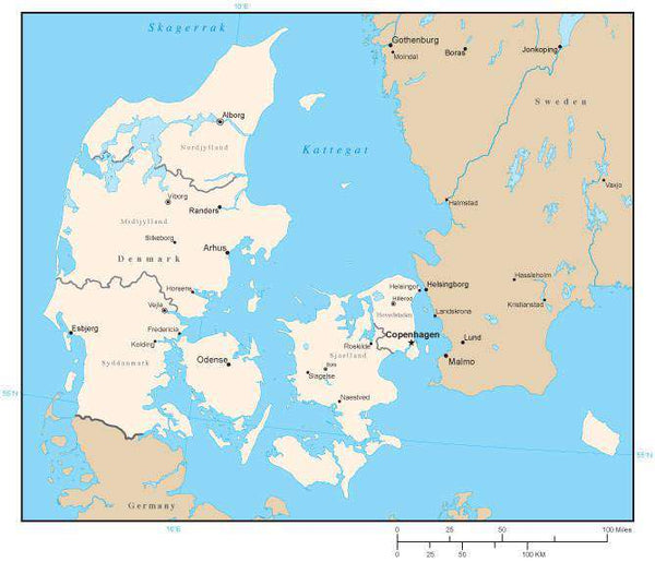 Denmark Map With Region Areas And Capitals In Adobe Illustrator Format