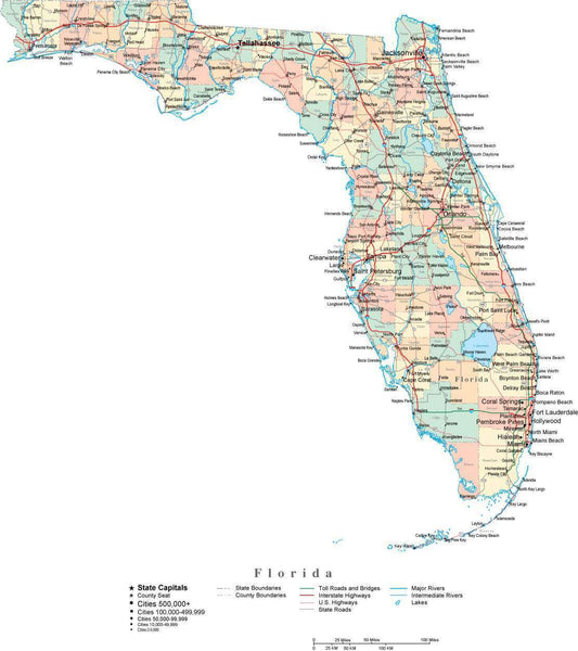 Florida Digital Vector Map With Counties, Major Cities, Roads, Rivers 