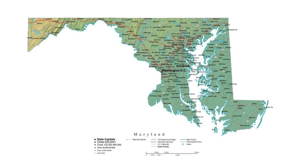 Maryland Illustrator Vector Map With Cities Roads And Photoshop Terrain Image