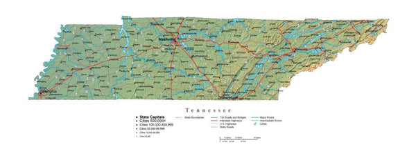 Tennessee Illustrator Vector Map With Cities, Roads And Photoshop 