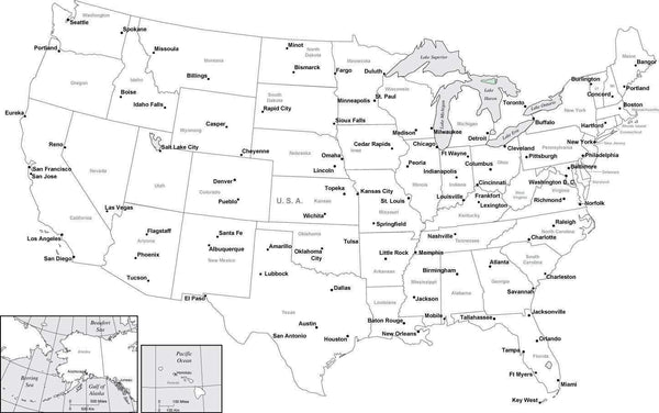 Black & White USA Map with Major Cities