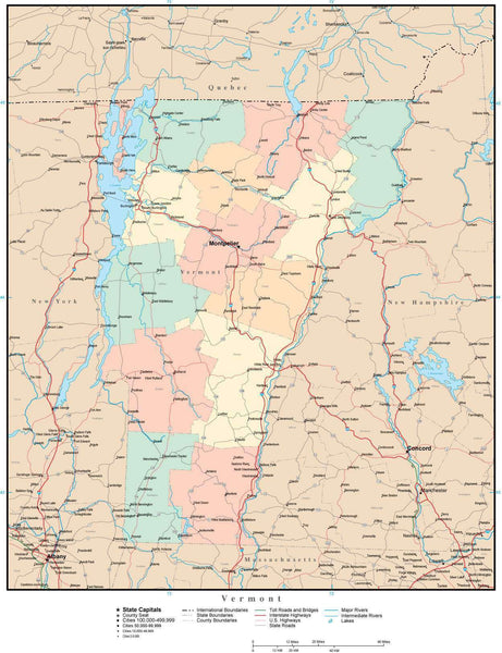 Vermont Adobe Illustrator Map With Counties Cities County Seats Major Roads 8018