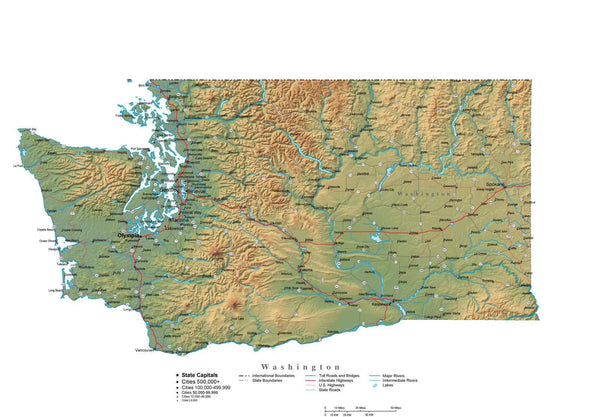 Washington Illustrator Vector Map With Cities, Roads And Photoshop 