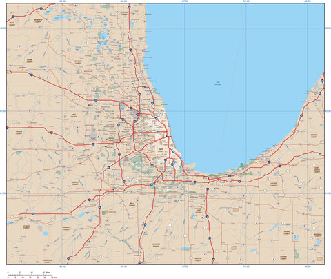 Chicago  IL Map (Chicagoland - Over 140,000 square miles) with Arterial and Major Road Network