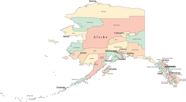 Alaska map in Adobe Illustrator digital vector format with Counties ...