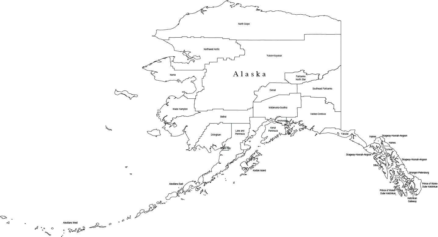 Black And White Alaska Digital Map With Counties