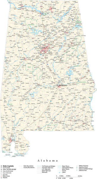 Alabama Detailed Cut-Out Style State Map in Adobe Illustrator Vector ...