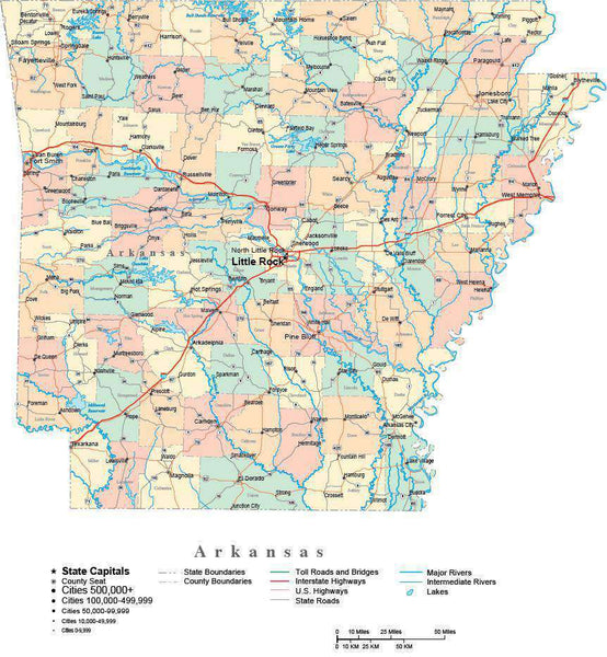 Arkansas Digital Vector Map with Counties, Major Cities, Roads, Rivers ...