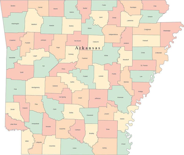 Multi Color Arkansas Map with Counties and County Names