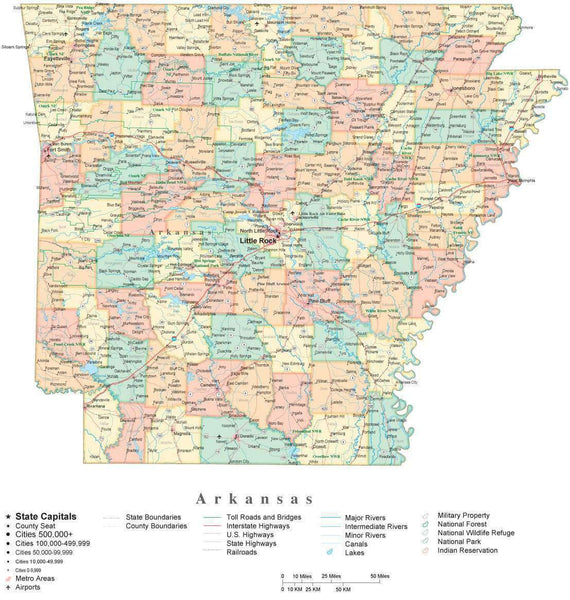 State Map of Arkansas in Adobe Illustrator vector format. Detailed ...