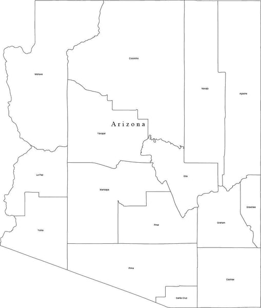 Black & White Arizona Digital Map with Counties