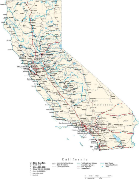 California with Capital, Counties, Cities, Roads, Rivers & Lakes