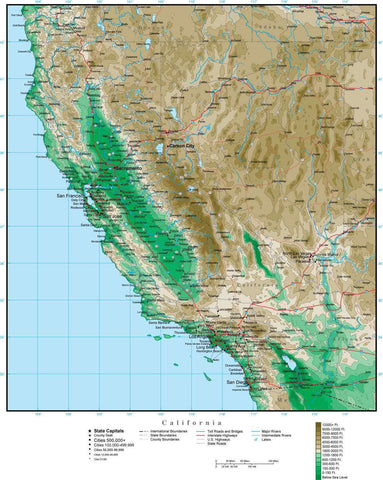 Digital California Contour map in Adobe Illustrator vector format CA ...