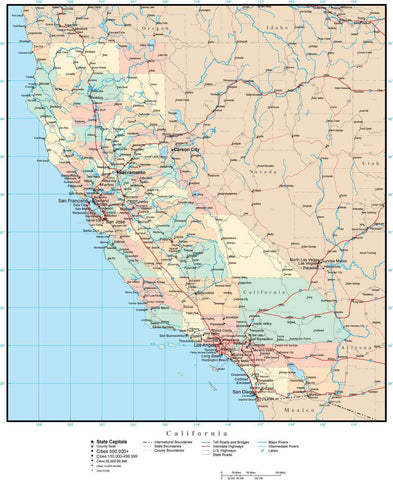 California Adobe Illustrator Map with Counties, Cities, County Seats ...