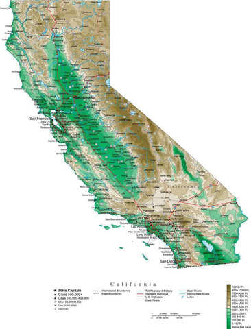 California Contour Map in Adobe Illustrator Digital Vector Format