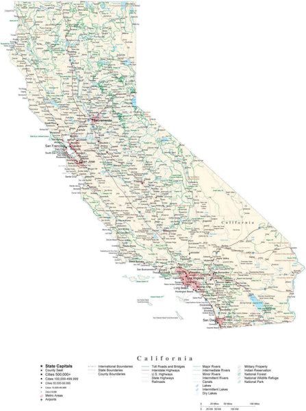 California Detailed Cut-Out Style State Map in Adobe Illustrator Vector ...