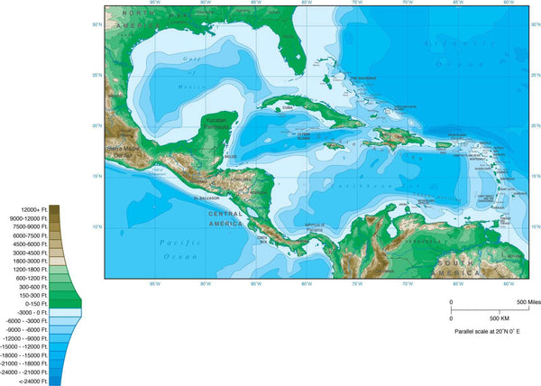 Digital Caribbean Contour map in Adobe Illustrator vector format