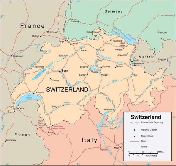 Digital Switzerland map in Adobe Illustrator vector format