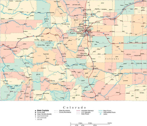 Colorado Digital Vector Map with Counties, Major Cities, Roads, Rivers ...