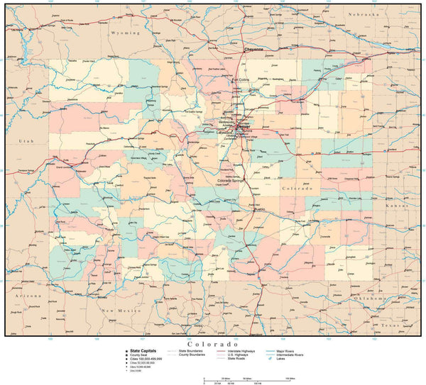 Colorado Adobe Illustrator Map with Counties, Cities, County Seats ...