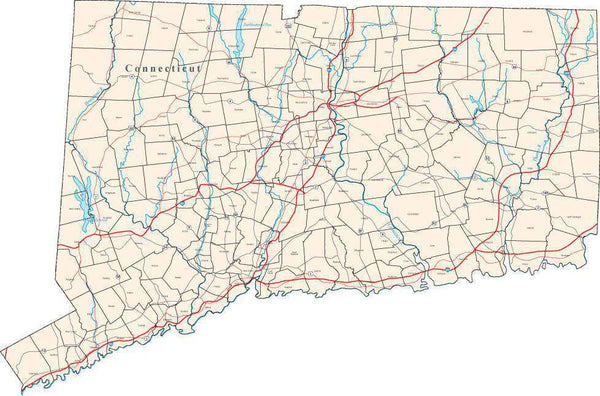 Connecticut Digital Map with MCD Areas in Adobe Illustrator Vector Format