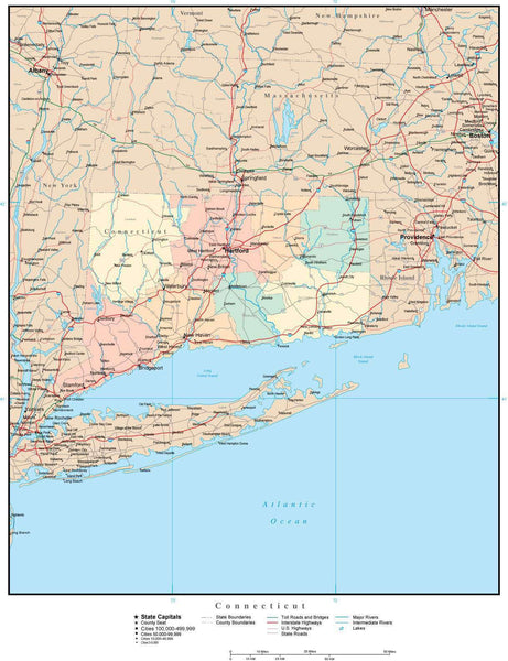 Connecticut Adobe Illustrator Map with Counties, Cities, County Seats ...