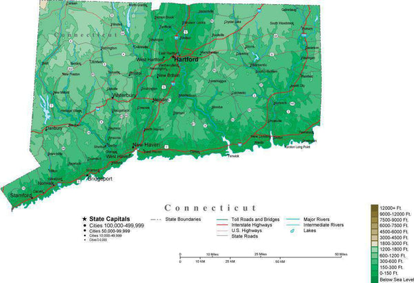 Connecticut Contour Map in Adobe Illustrator Digital Vector Format