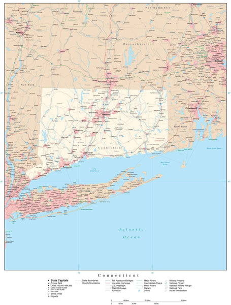 Connecticut Detailed Map in Adobe Illustrator vector format. Detailed ...