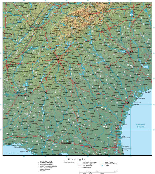 Georgia State Map Plus Terrain with Cities & Roads