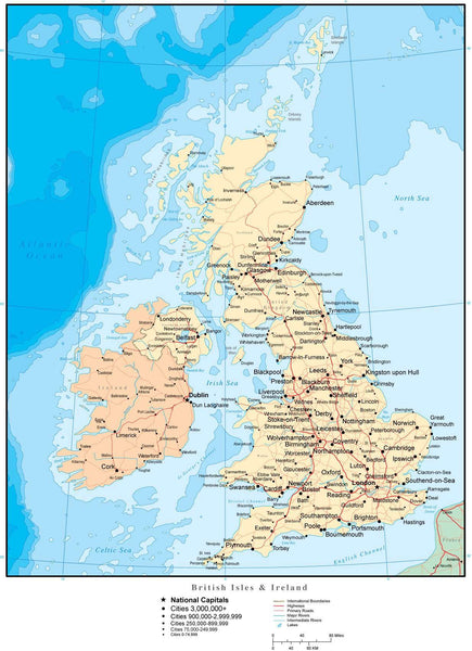 Digital UK map in Adobe Illustrator vector format with Water Contours