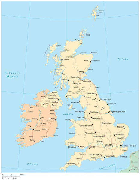 Multi Color United Kingdom Map with Countries, Major Cities