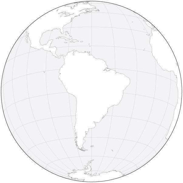 Globe over South America Black & White Blank Outline Map