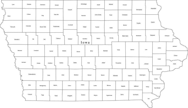 Black & White Iowa Digital Map with Counties