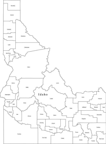 Black & White Idaho Digital Map with Counties