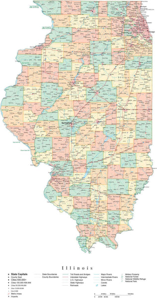 State Map of Illinois in Adobe Illustrator vector format. Detailed ...