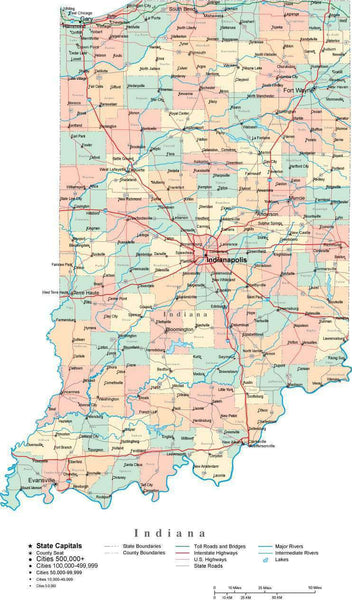 Indiana Digital Vector Map with Counties, Major Cities, Roads & Lakes