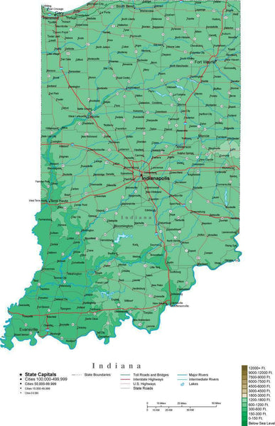 Indiana Contour Map in Adobe Illustrator Digital Vector Format