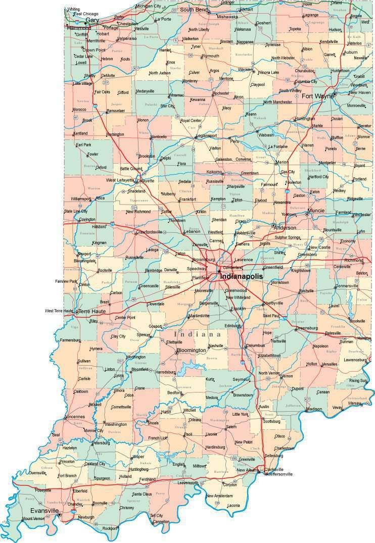 indiana state map with cities and towns