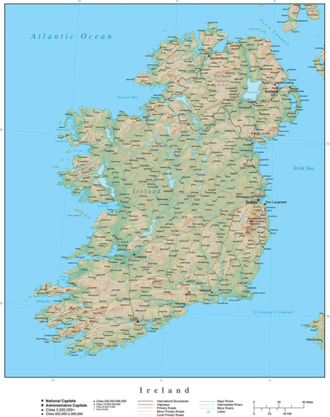 Digital Poster Size Ireland Terrain map in Adobe Illustrator format