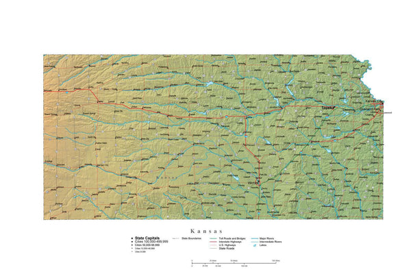 Kansas Illustrator Vector Map with Cities, Roads and Photoshop Terrain ...