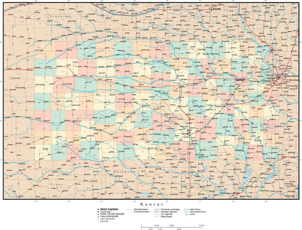 Kansas Adobe Illustrator Map with Counties, Cities, County Seats, Major ...