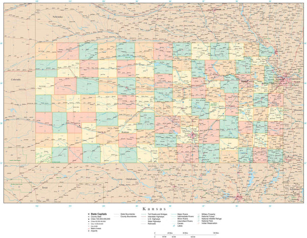 Kansas State Map in Adobe Illustrator Vector Format. Detailed, editable ...