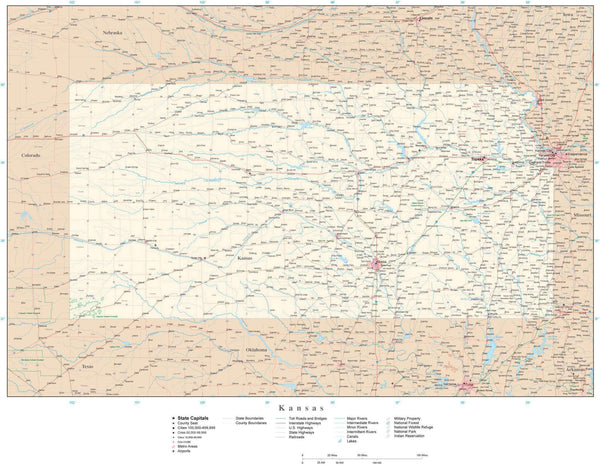 Kansas Detailed Map in Adobe Illustrator vector format. Detailed ...