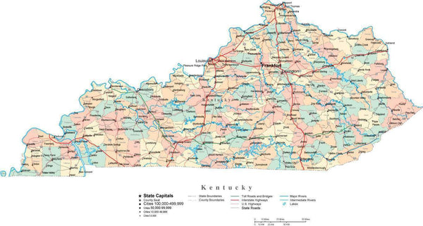 Kentucky Digital Vector Map with Counties, Major Cities, Roads, Rivers ...