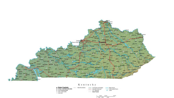 Kentucky Illustrator Vector Map with Cities, Roads and Photoshop ...