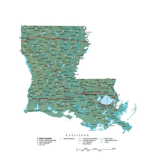 Louisiana Illustrator Vector Map with Cities, Roads and Photoshop ...