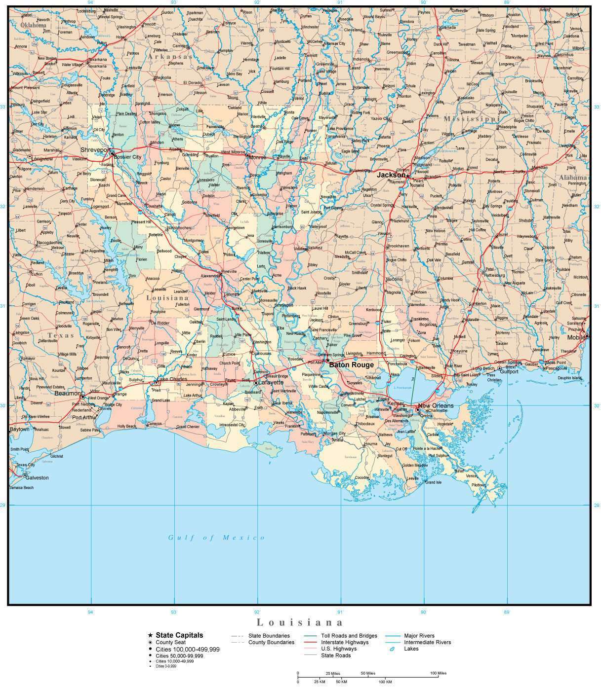 Multi Color Louisiana Map with Counties, Capitals, and Major Cities